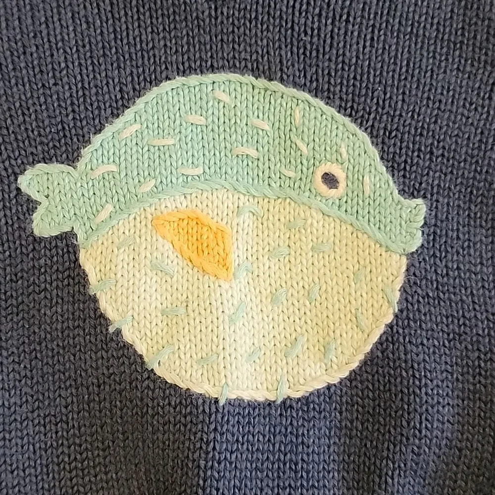 JANIE AND JACK BLUE PUFFER FISH SWEATER VEST, SIZE 3-6 MONTHS